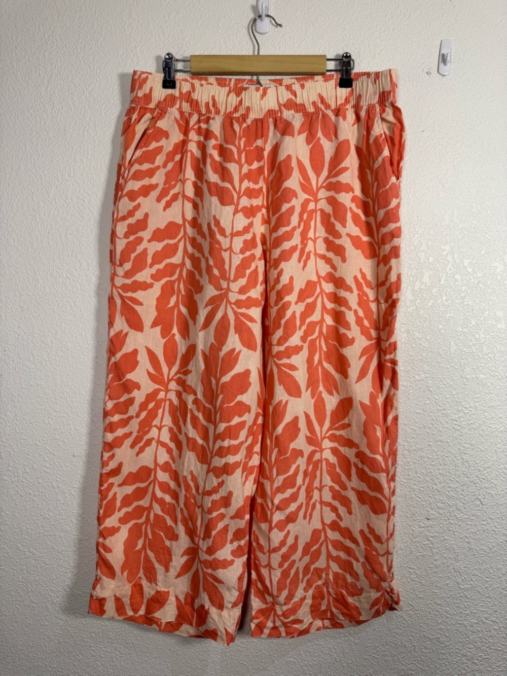 Rachel Zoe 100% linen coral pink tropical wide leg pants XL